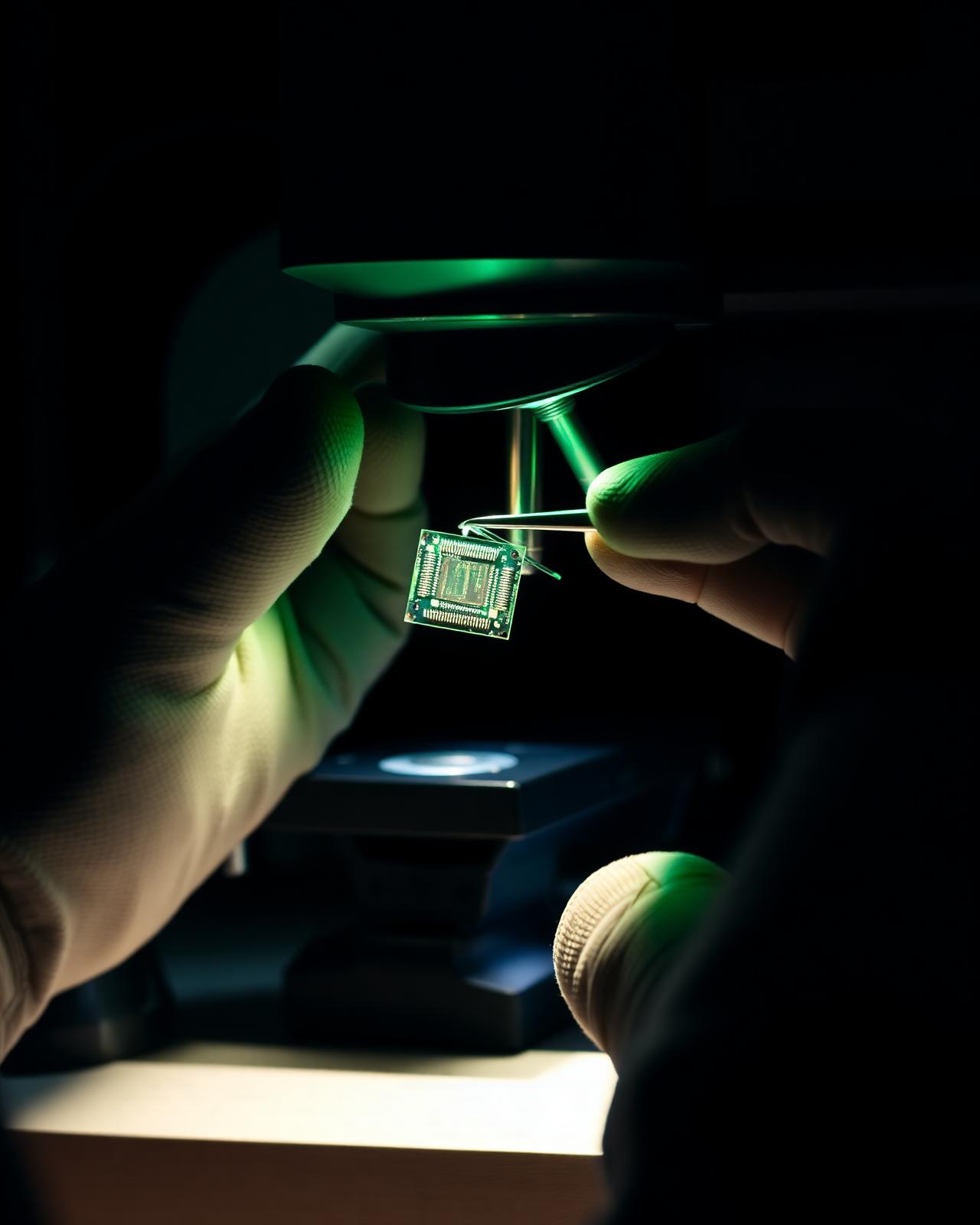 Technician inspecting a board under microscope