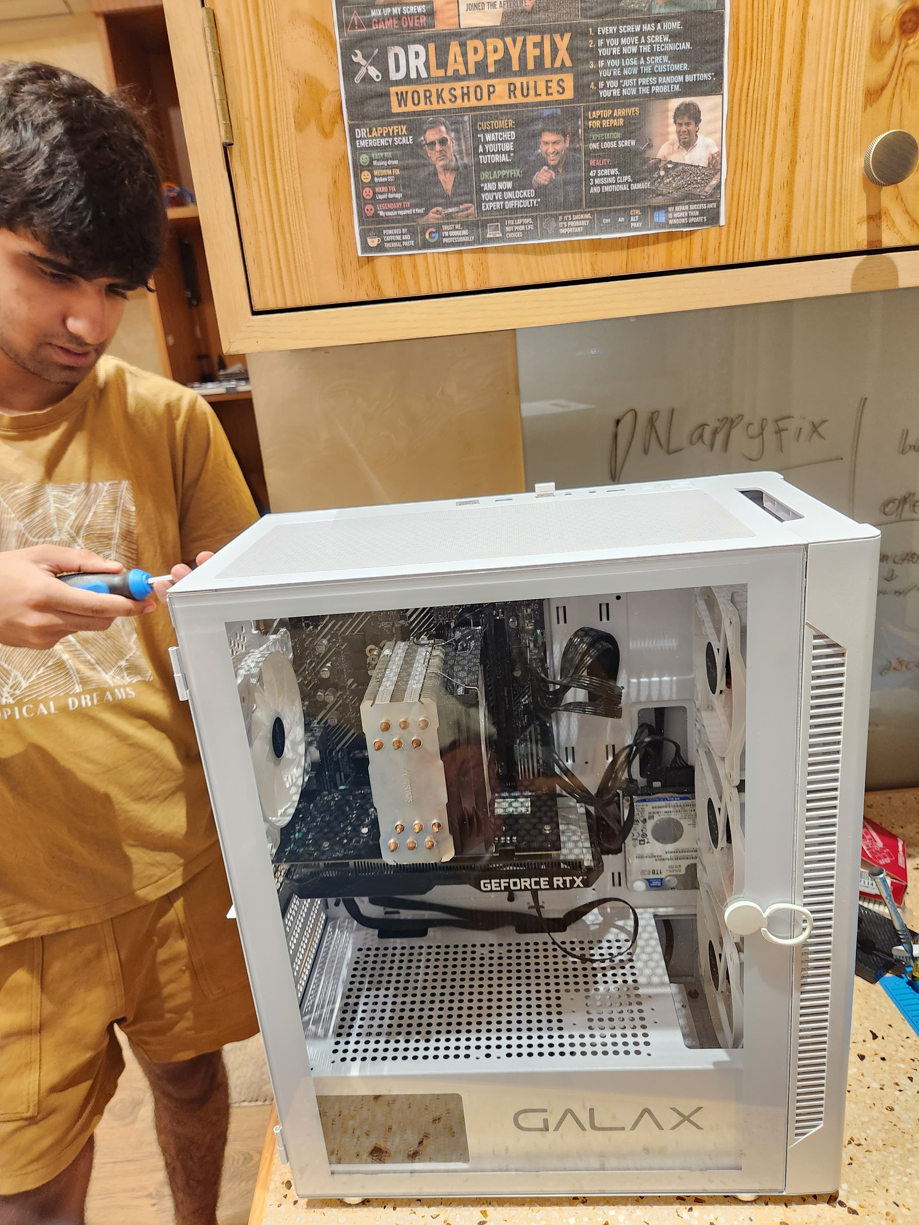 Custom PC build on a workbench during assembly